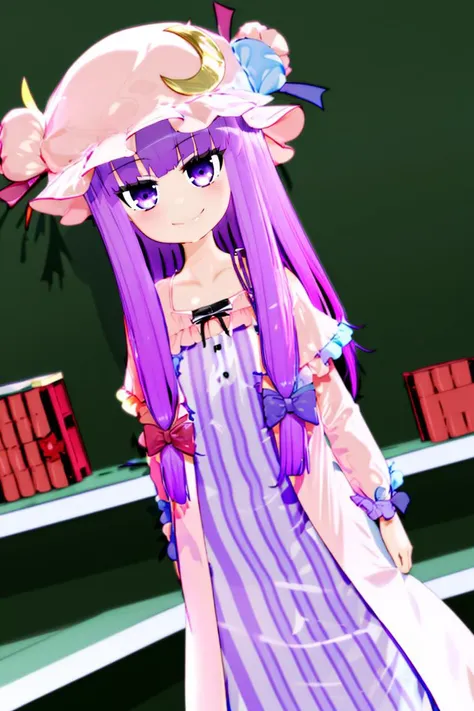 <lora:Mantis_Style:1>, 
patchouli knowledge, 1girl, dress, (purple hair, purple eyes:1), long hair, mob cap, crescent hat ornament, ribbon, dress, <lora:patchouli:0.9>, smile,