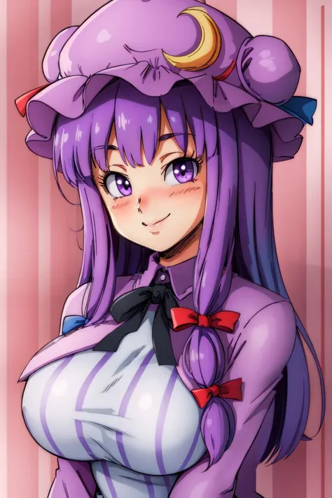 ((best quality)),
1girl, (purple hair, purple eyes:1), long hair, mob cap,crescent hat ornament, ribbon,dress, <lora:patchouli:1>, smile, blushing, big breasts,
<lora:Yamamoto_Doujin_v2_Dim64:0.6>,,