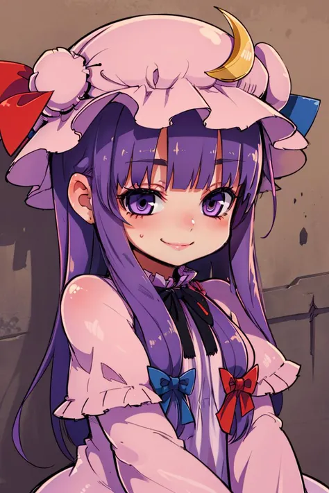 ((best quality)),
1girl, (purple hair, purple eyes:1), long hair, mob cap,crescent hat ornament, ribbon,dress, <lora:patchouli:1>, smile, blushing,
<lora:Zankuro_AnyLora_Dim32:0.6>,