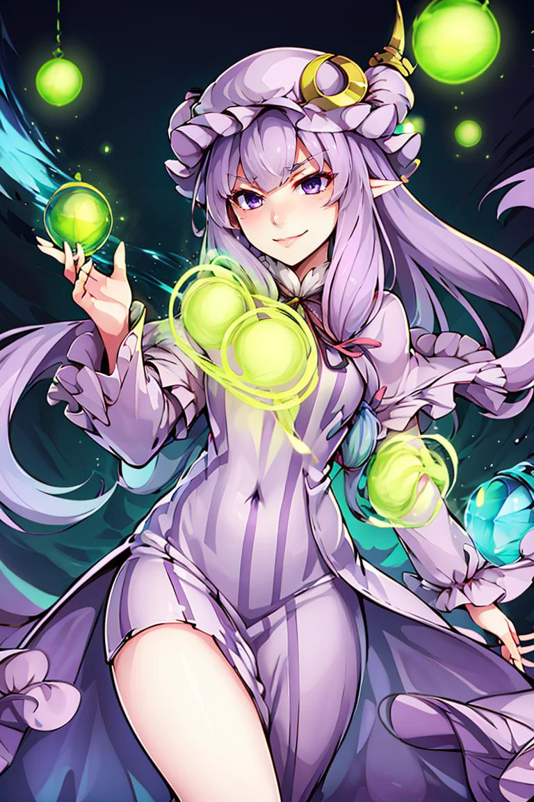 ((best quality)),
1girl, (purple hair, purple eyes:1), long hair, mob cap,crescent hat ornament, ribbon,dress, <lora:patchouli:1>, smile, smug,
<lora:Shemira_AFK_v2:0.5>, Shemira_AFK, purple glow, magic, long dress, smug, swirling purple magic,
<lora:ricegnat_style:0.8>