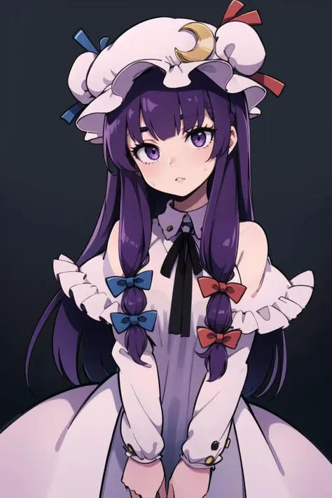 1girl,purple hair,purle eyes,long hair, mob cap,crescent hat ornament, ribbon,dress, <lora:patchouli:0.9>