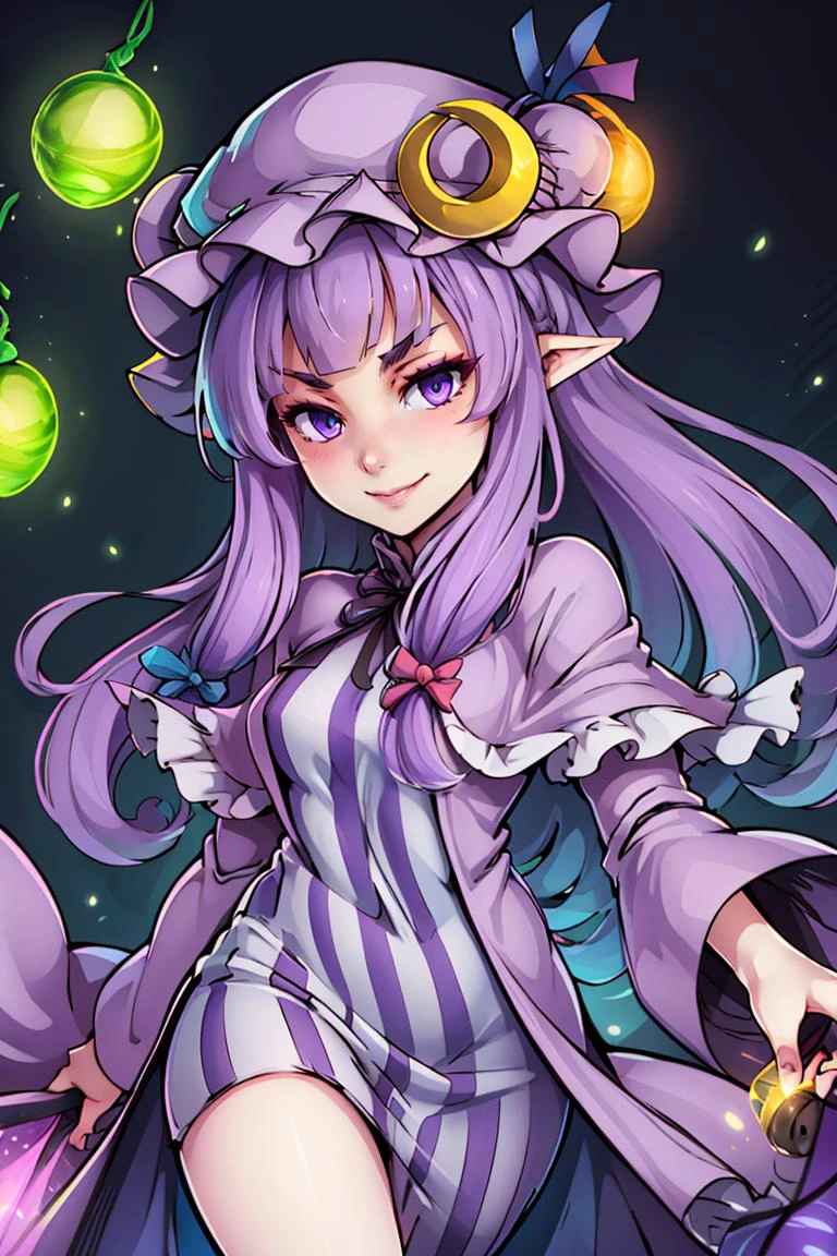 ((best quality)),
1girl, (purple hair, purple eyes:1), long hair, mob cap,crescent hat ornament, ribbon,dress, <lora:patchouli:1>, smile, smug,
<lora:Shemira_AFK_v2:0.5>, Shemira_AFK, purple glow, magic, long dress, smug, swirling purple magic,
<lora:ricegnat_style:0.8>