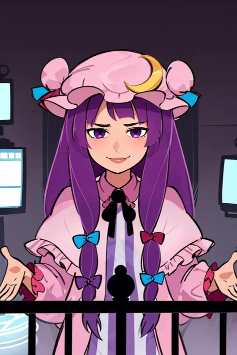 <lora:kim_possible_offset:1>, kim possible style,
patchouli knowledge, 1girl, dress, (purple hair, purple eyes:1), long hair, mob cap, crescent hat ornament, ribbon, dress, <lora:patchouli:0.9>, smile,