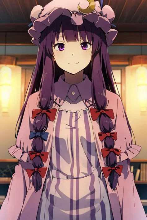 hyouka <lora:hyouka_offset:1>, 
patchouli knowledge, 1girl, dress, (purple hair, purple eyes:1), long hair, mob cap, crescent hat ornament, ribbon, dress, <lora:patchouli:0.9>, smile,