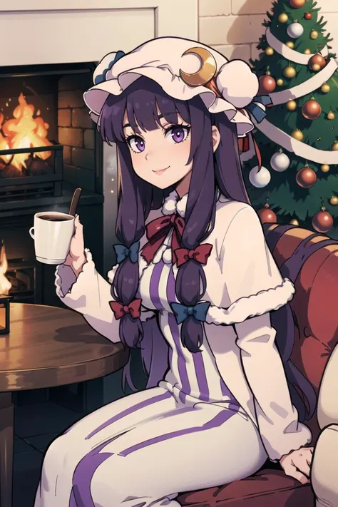 ((Christmas theme, Christmas, Christmas tree ):1.1),
patchouli knowledge, 1girl, dress, (purple hair, purple eyes:1), long hair, mob cap, crescent hat ornament, ribbon, dress, <lora:patchouli:0.9>, smile,
(sitting at table, holding coffee, cozy atmosphere, fire place)