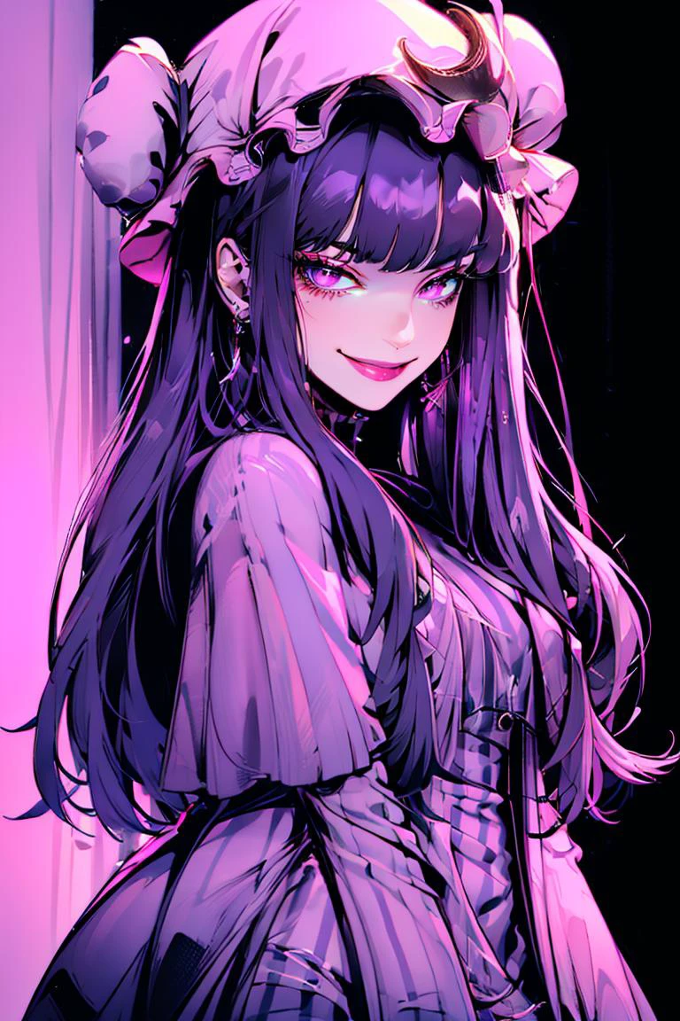 <lora:Minimalistic_Style:1>, black background, pink background,
patchouli knowledge, 1girl, dress, (purple hair, purple eyes:1), long hair, mob cap, crescent hat ornament, ribbon, dress, <lora:patchouli:0.9>, smile,