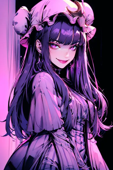 <lora:Minimalistic_Style:1>, black background,   pink background,
patchouli knowledge, 1girl, dress, (purple hair, purple eyes:1), long hair, mob cap, crescent hat ornament, ribbon, dress, <lora:patchouli:0.9>, smile,