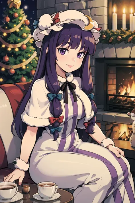 ((Christmas theme, Christmas, Christmas tree ):1.1),
patchouli knowledge, 1girl, dress, (purple hair, purple eyes:1), long hair, mob cap, crescent hat ornament, ribbon, dress, <lora:patchouli:0.9>, smile,
(sitting at table, holding coffee, cozy atmosphere, fire place)