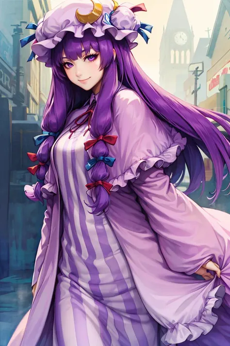 artgerm, <lora:stanley_lau_artgerm:1>,
patchouli knowledge, 1girl, dress, (purple hair, purple eyes:1), long hair, mob cap, crescent hat ornament, ribbon, dress, <lora:patchouli:0.9>, smile,