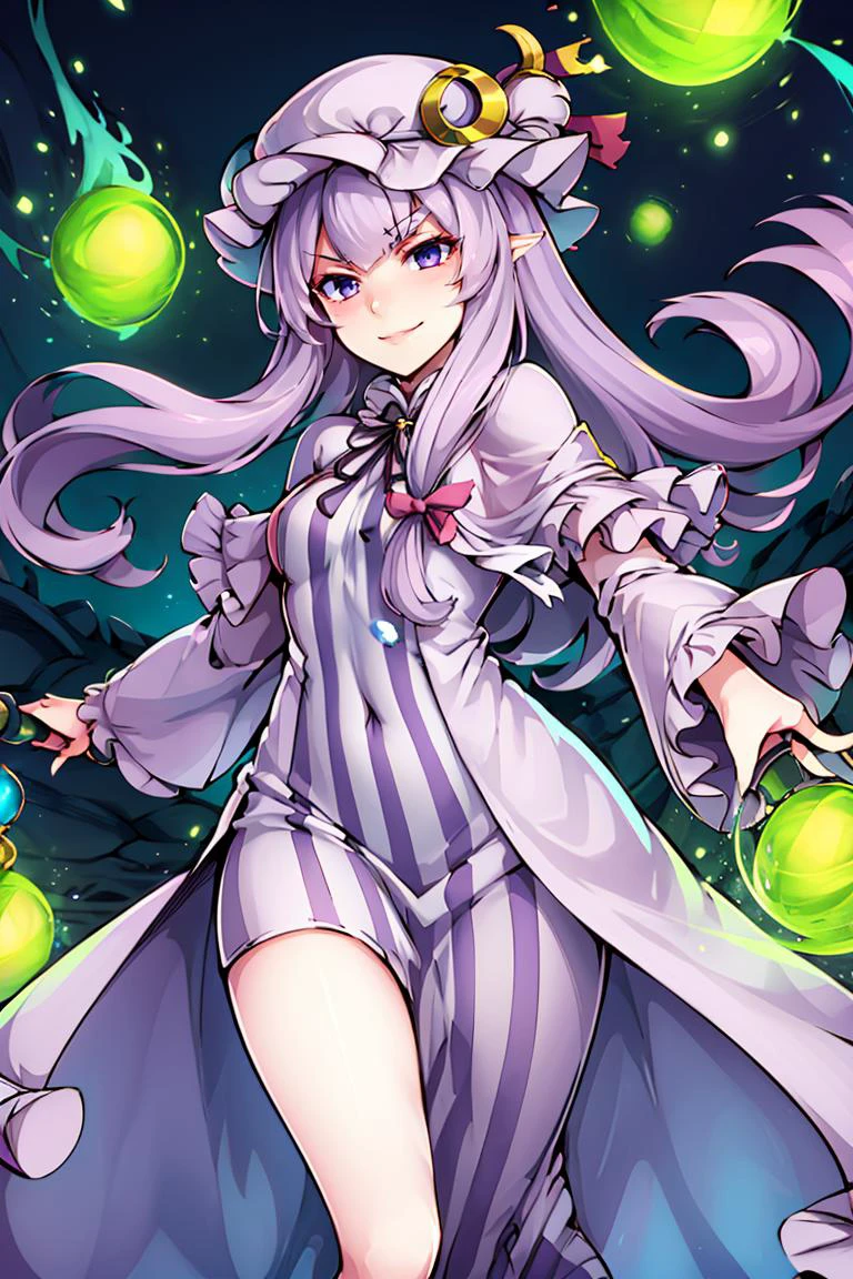 ((best quality)),
1girl, (purple hair, purle eyes:1), long hair, mob cap,crescent hat ornament, ribbon,dress, <lora:patchouli:1>, smile, smug,
<lora:Shemira_AFK_v2:0.5>, Shemira_AFK, purple glow, magic, long dress, smug, swirling purple magic,
<lora:ricegnat_style:0.8>