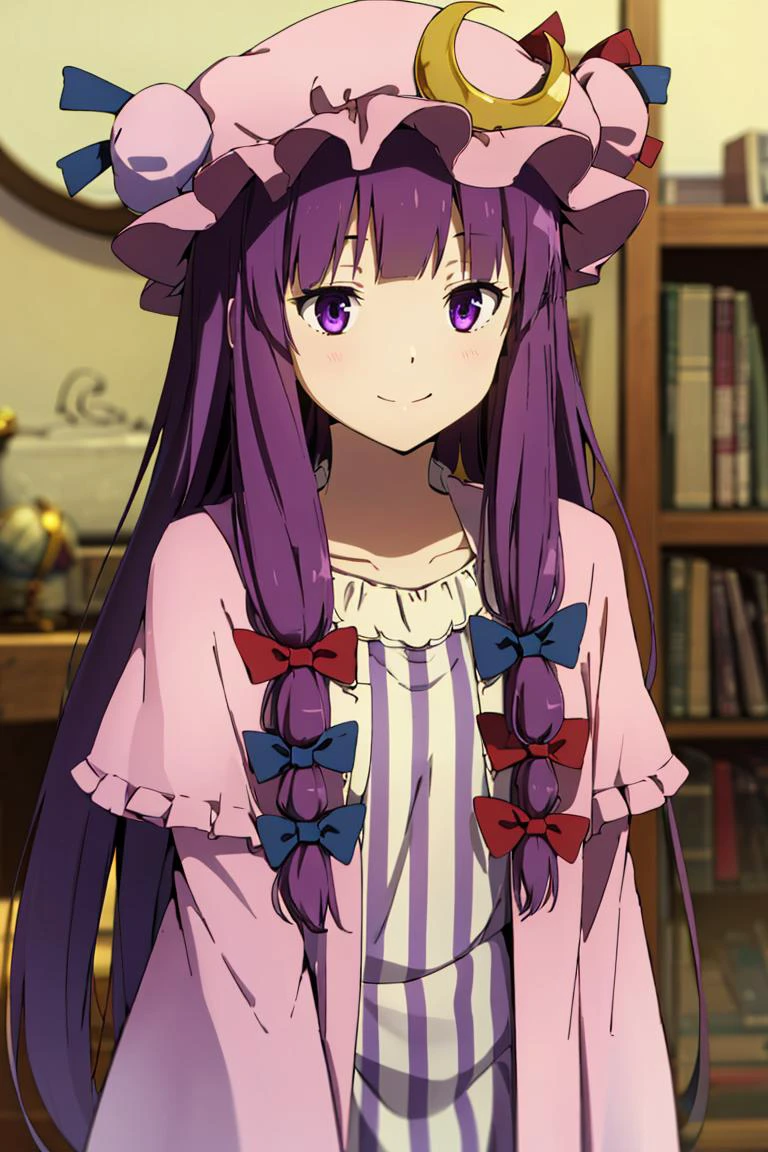 hyouka <lora:hyouka_offset:1>,
patchouli knowledge, 1girl, dress, (purple hair, purple eyes:1), long hair, mob cap, crescent hat ornament, ribbon, dress, <lora:patchouli:0.9>, smile,
