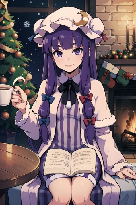 ((Christmas theme, Christmas, Christmas tree ):1.1),
patchouli knowledge, 1girl, dress, (purple hair, purple eyes:1), long hair, mob cap, crescent hat ornament, ribbon, dress, <lora:patchouli:0.9>, smile,
(sitting at table, holding coffee, cozy atmosphere, fire place)