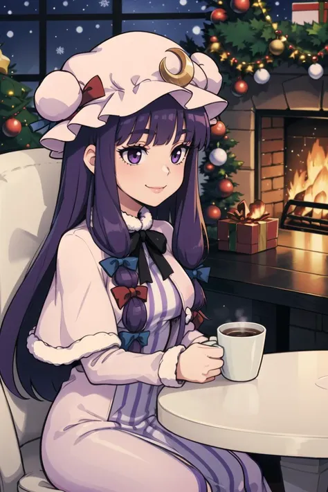 ((Christmas theme, Christmas, Christmas tree ):1.1),
patchouli knowledge, 1girl, dress, (purple hair, purple eyes:1), long hair, mob cap, crescent hat ornament, ribbon, dress, <lora:patchouli:0.9>, smile,
(sitting at table, holding coffee, cozy atmosphere, fire place)