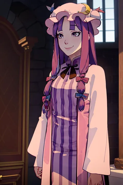 aaravos <lora:dragon_prince_aaravos_offset:1.2>,
patchouli knowledge, 1girl, dress, (purple hair, purple eyes:1), long hair, mob cap, crescent hat ornament, ribbon, dress, <lora:patchouli:0.9>, smile,