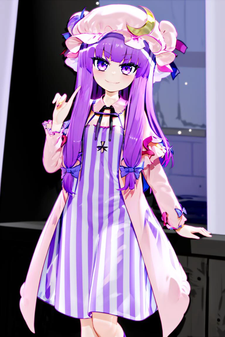 <lora:Mantis_Style:1>,
patchouli knowledge, 1girl, dress, (purple hair, purple eyes:1), long hair, mob cap, crescent hat ornament, ribbon, dress, <lora:patchouli:0.9>, smile,