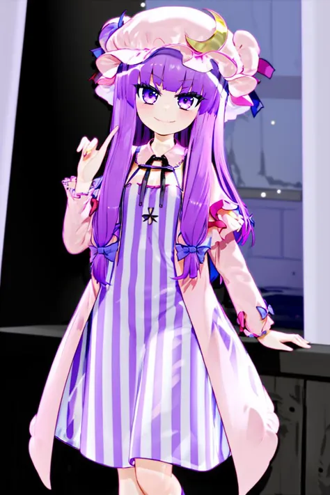 <lora:Mantis_Style:1>, 
patchouli knowledge, 1girl, dress, (purple hair, purple eyes:1), long hair, mob cap, crescent hat ornament, ribbon, dress, <lora:patchouli:0.9>, smile,