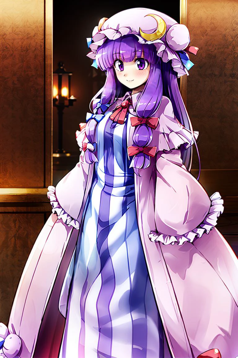 <lora:Konpeto_Style_Dim32:0.8>,
patchouli knowledge, 1girl, dress, (purple hair, purple eyes:1), long hair, mob cap, crescent hat ornament, ribbon, dress, <lora:patchouli:0.9>, smile,