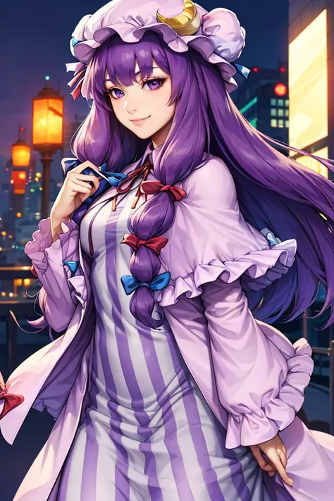 artgerm, <lora:stanley_lau_artgerm:1>,
patchouli knowledge, 1girl, dress, (purple hair, purple eyes:1), long hair, mob cap, crescent hat ornament, ribbon, dress, <lora:patchouli:0.9>, smile,