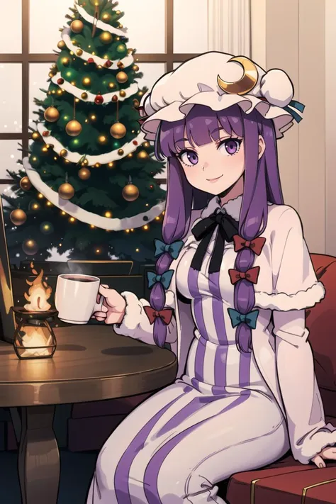 ((Christmas theme, Christmas, Christmas tree ):1.1),
patchouli knowledge, 1girl, dress, (purple hair, purple eyes:1), long hair, mob cap, crescent hat ornament, ribbon, dress, <lora:patchouli:0.9>, smile,
(sitting at table, holding coffee, cozy atmosphere, fire place)