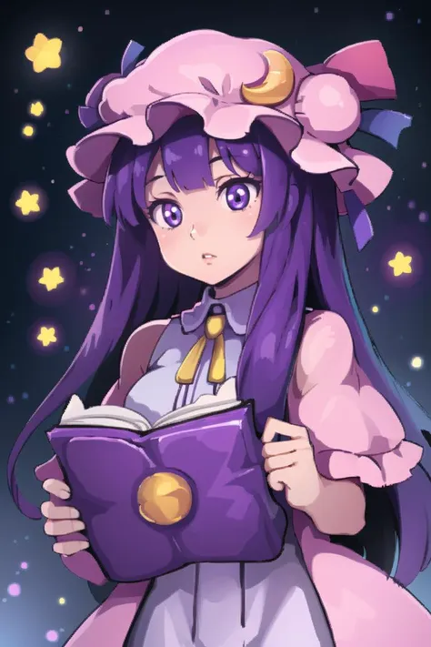 holding a purple book, <lora:FantasyIcons_Books:0.8>,  glowing, star symbol, space, stars, planets, cosmos, nebula,
1girl,purple hair,purle eyes,long hair, mob cap,crescent hat ornament, ribbon,dress, <lora:patchouli:0.9>,