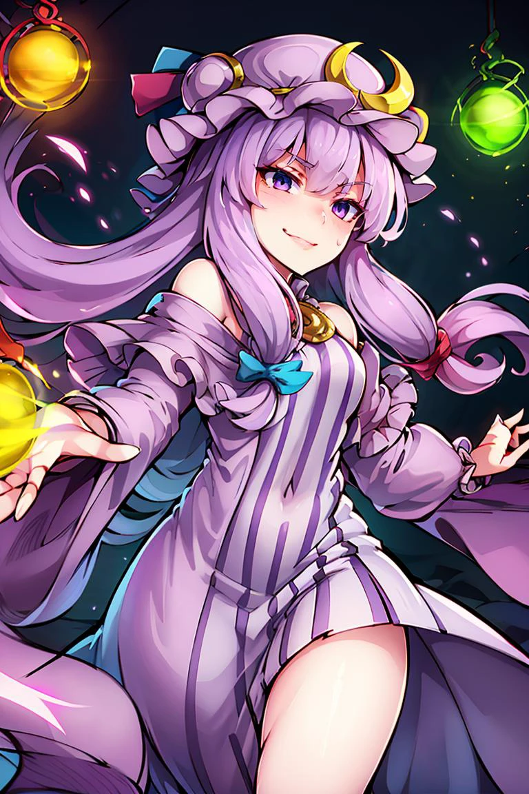 ((best quality)),
1girl, (purple hair, purle eyes:1), long hair, mob cap,crescent hat ornament, ribbon,dress, <lora:patchouli:1>, smile, smug,
<lora:Shemira_AFK_v2:0.5>, Shemira_AFK, purple glow, magic, long dress, smug, swirling purple magic,
<lora:ricegnat_style:0.8>