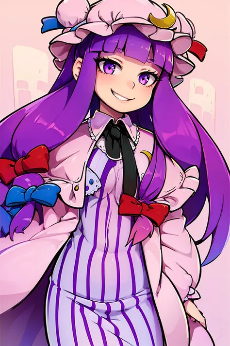 <lora:the_other_half_style:0.8>,
patchouli knowledge, 1girl, dress, (purple hair, purple eyes:1), long hair, mob cap, crescent hat ornament, ribbon, dress, <lora:patchouli:0.9>, smile,