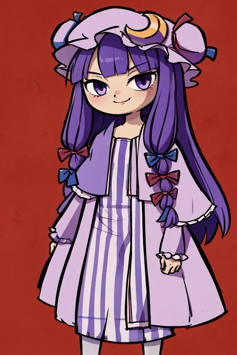 (red theme),
patchouli knowledge, 1girl, dress, (purple hair, purple eyes:1), long hair, mob cap, crescent hat ornament, ribbon, dress, <lora:patchouli:0.9>, smile,
