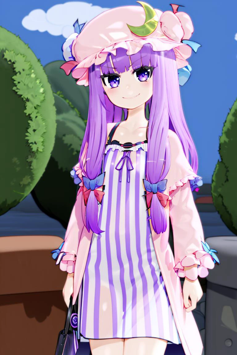 <lora:Mantis_Style:1>,
patchouli knowledge, 1girl, dress, (purple hair, purple eyes:1), long hair, mob cap, crescent hat ornament, ribbon, dress, <lora:patchouli:0.9>, smile,