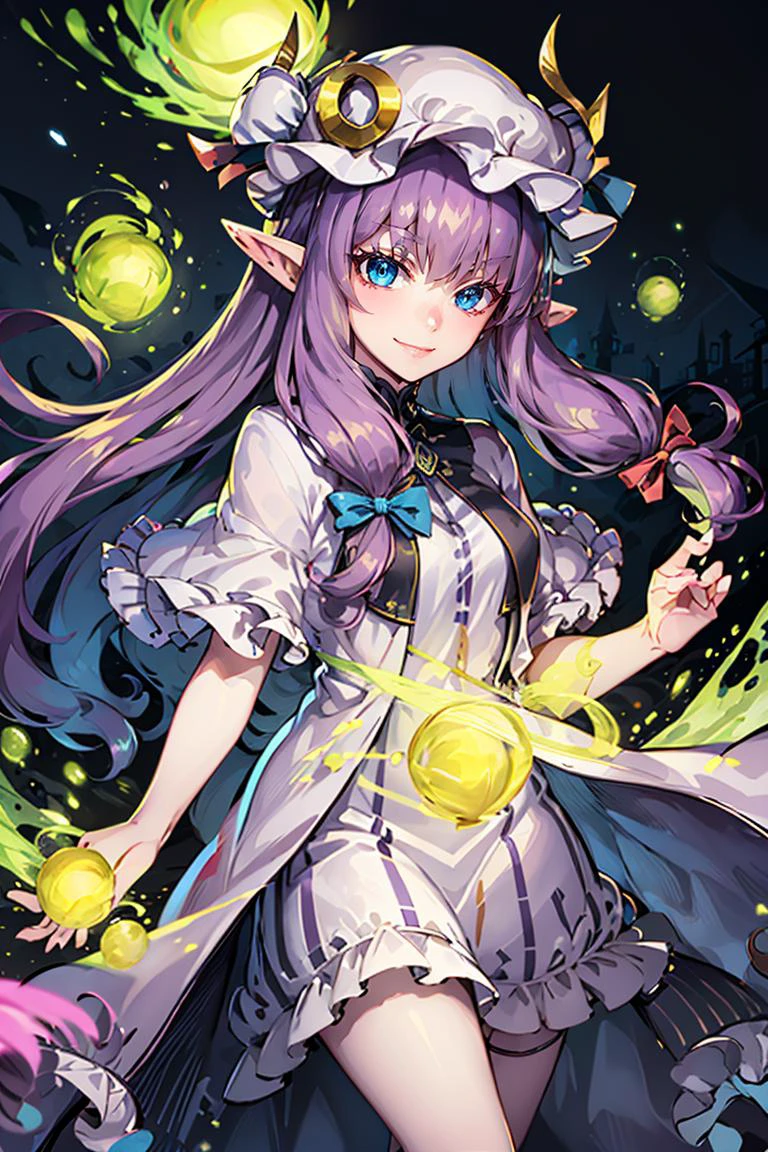 ((best quality)),
1girl, (purple hair, purle eyes:1), long hair, mob cap,crescent hat ornament, ribbon,dress, <lora:patchouli:0.9>, smile, smug,
<lora:Shemira_AFK_v2:0.5>, Shemira_AFK, pointy ears, purple glow, magic, long dress, smug, swirling magic,