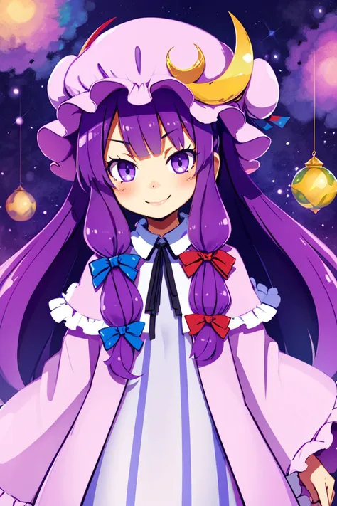 ((best quality)),
1girl, (purple hair, purple eyes:1), long hair, mob cap,crescent hat ornament, ribbon,dress, <lora:patchouli:1>, smile, blushing,
<lora:Harada_Takehito_v2_Repeats5:0.6>,