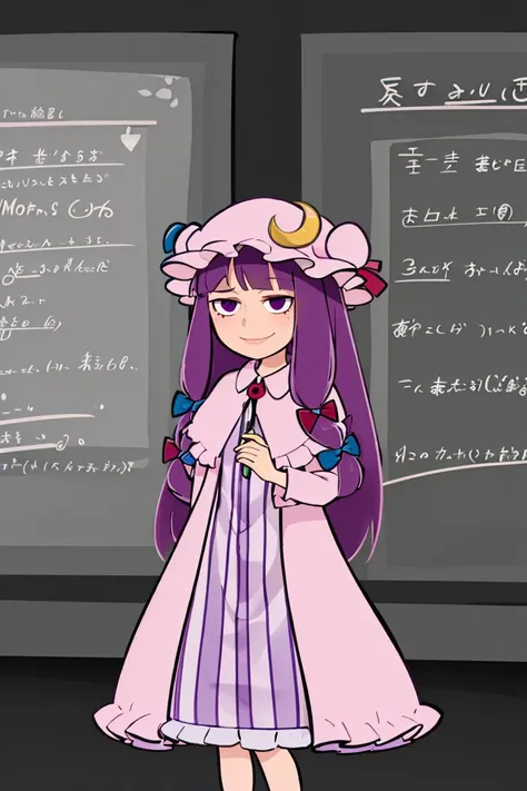 <lora:kim_possible_offset:1>, kim possible style,
patchouli knowledge, 1girl, dress, (purple hair, purple eyes:1), long hair, mob cap, crescent hat ornament, ribbon, dress, <lora:patchouli:0.9>, smile,