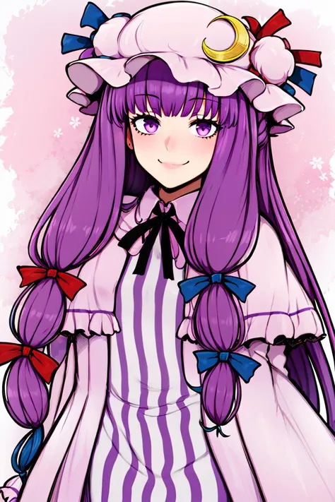 <lora:afrobull_style:0.8>,
patchouli knowledge, 1girl, dress, (purple hair, purple eyes:1), long hair, mob cap, crescent hat ornament, ribbon, dress, <lora:patchouli:0.9>, smile,