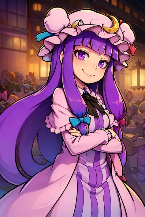 <lora:the_other_half_style:0.8>,
patchouli knowledge, 1girl, dress, (purple hair, purple eyes:1), long hair, mob cap, crescent hat ornament, ribbon, dress, <lora:patchouli:0.9>, smile,