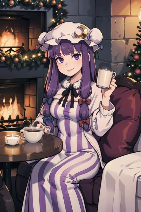 ((Christmas theme, Christmas, Christmas tree ):1.1),
patchouli knowledge, 1girl, dress, (purple hair, purple eyes:1), long hair, mob cap, crescent hat ornament, ribbon, dress, <lora:patchouli:0.9>, smile,
(sitting at table, holding coffee, cozy atmosphere, fire place)