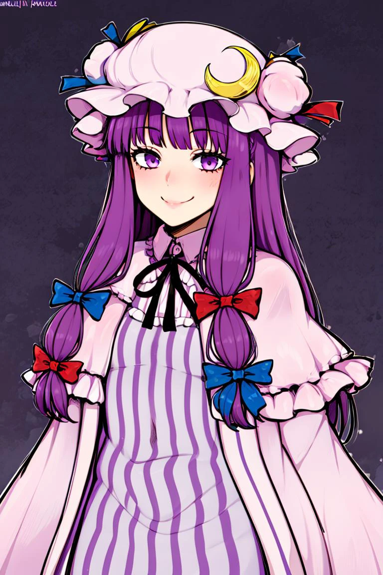 <lora:afrobull_style:0.8>,
patchouli knowledge, 1girl, dress, (purple hair, purple eyes:1), long hair, mob cap, crescent hat ornament, ribbon, dress, <lora:patchouli:0.9>, smile,
