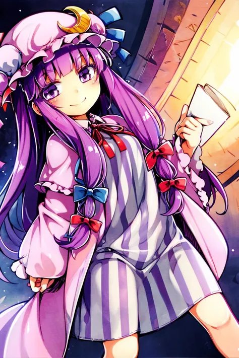 <lora:hoshino_fuuta_style:0.8>,
patchouli knowledge, 1girl, dress, (purple hair, purple eyes:1), long hair, mob cap, crescent hat ornament, ribbon, dress, <lora:patchouli:0.9>, smile,