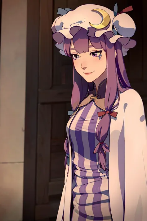 aaravos <lora:dragon_prince_aaravos_offset:1.2>,
patchouli knowledge, 1girl, dress, (purple hair, purple eyes:1), long hair, mob cap, crescent hat ornament, ribbon, dress, <lora:patchouli:0.9>, smile,