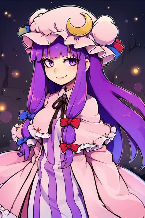 <lora:the_other_half_style:0.8>,
patchouli knowledge, 1girl, dress, (purple hair, purple eyes:1), long hair, mob cap, crescent hat ornament, ribbon, dress, <lora:patchouli:0.9>, smile,