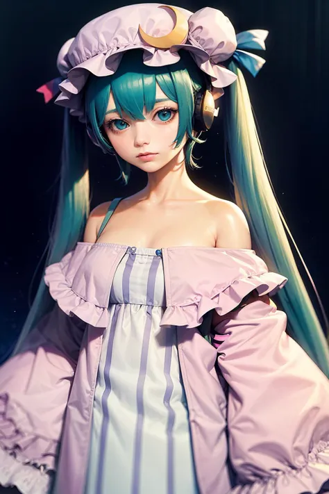 masterpiece, best quality, <lora:patchouli:1>,patchouli knowledge, green hair,twintails, mob cap,purple dress, hatsune miku, headset