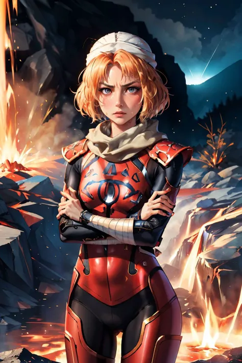 Sheikz, short hair, wmask, hat, red bodysuit, looking at viewer, serious, angry, (sweating, blush:1.1)
volcano, lava pit, intense ambiance, standing, crossing arms across chest,
<lora:v2Sheik:.8> extremely detailed, HDR, beautiful quality,