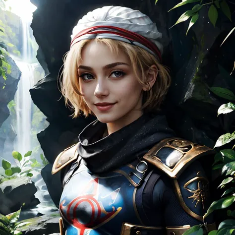 Sheikz, short hair, nmask, hat,bodysuit, looking at viewer, smiling, portrait
outside, jungle, stone temple background, natural lighting, 
 <lora:v2Sheik:.8> extremely detailed, HDR, beautiful quality,