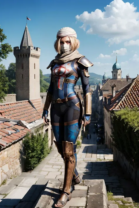 Sheikz, short hair, wmask, hat,bodysuit,looking at viewer, full body shot, from_front,
outdoors, standing on castle roof, village background, blue sky, natural lighting,
<lora:v2Sheik:.8> extremely detailed, HDR, beautiful quality,