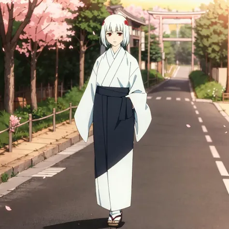 <lora:uraume002:0.7>,
uraume,1girl,white hair,
kimono,haori,kesa,
full body,
cherry blossom,sunset,