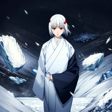 <lora:uraume002:0.7>,<lora:add_detail:1>,
uraume,1girl,white hair,
kimono,haori,kesa,
snow,snowstorm,ice rock,