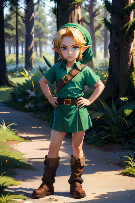 younglink, boy, blonde hair, blue eyes, hat, pointy ears, green tunic, belt, boots, hands on hips, looking at viewer, serious,
outside, magical forest, extreme detail, hdr, beautiful quality, masterpiece, <lora:YoungLink:.8>