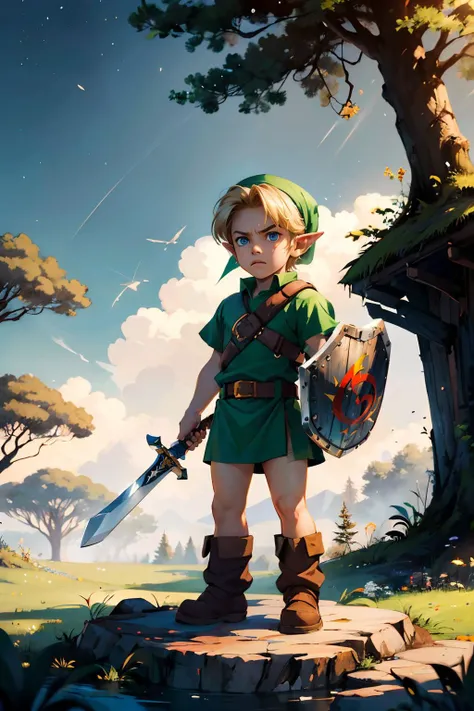 younglink, boy, blonde hair, blue eyes, hat, pointy ears, green tunic, belt, looking at viewer, serious, angry,
outside, magical forest,standing, holding a sword and shield, extreme detail, hdr, beautiful quality, masterpiece, <lora:YoungLink:.8>