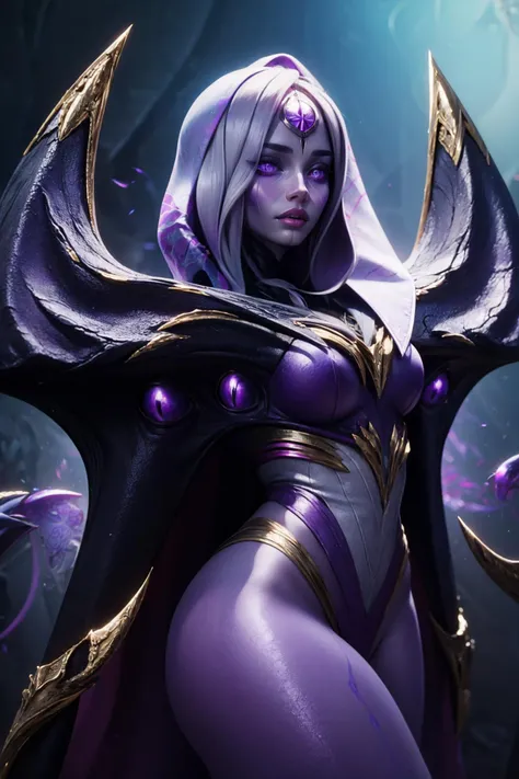 (masterpiece, best quality:1.2), intricate details, <lora:lol_belveth-000018:1>, belgirl, 1girl, third eye, purple skin, glowing, cloak