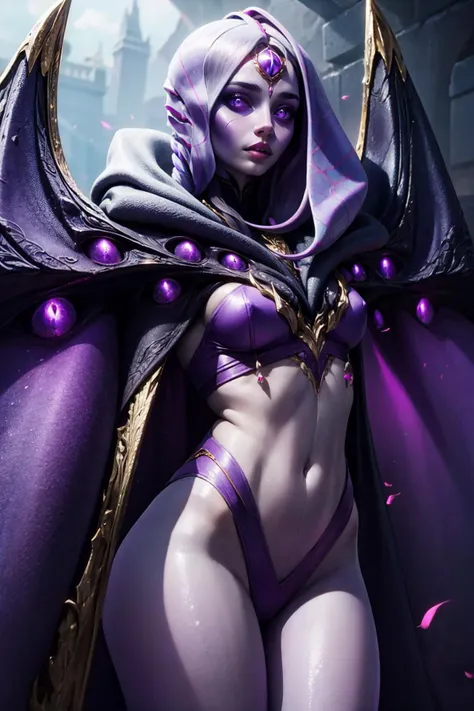 (masterpiece, best quality:1.2), intricate details, <lora:lol_belveth-000018:1>, belgirl, 1girl, third eye, purple skin, glowing, cloak, navel