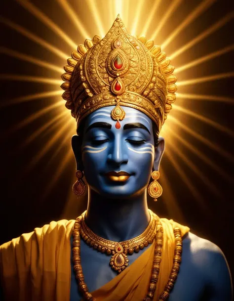 Beautific visage of the male Hindu deity Krishna radiating beams of golden light and crepuscular rays , peaceful embracing pose, open kind and loving eyes, the Supreme Godhead