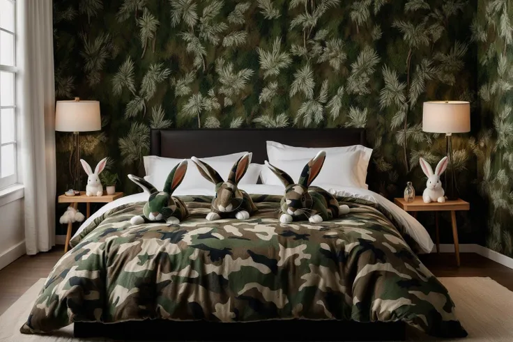 a camouflage bedroom with plush bunnies, (clarity:1.1), photo realistic, (detailed:1.2), (high resolution, clear:1.2), professional photograph, fuji film, film grain, sharp image, sharp focus, award winning photography, best picture, iso, aperture, shutterspeed